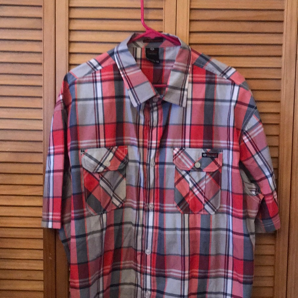Red and gray plaid shirt sleeve button down
